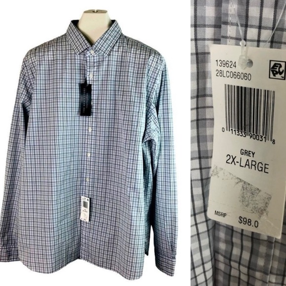 Bloomingdale's The Men's Store Grey Checked Button Up Shirt Cotton Stretch 2XL - Picture 1 of 8